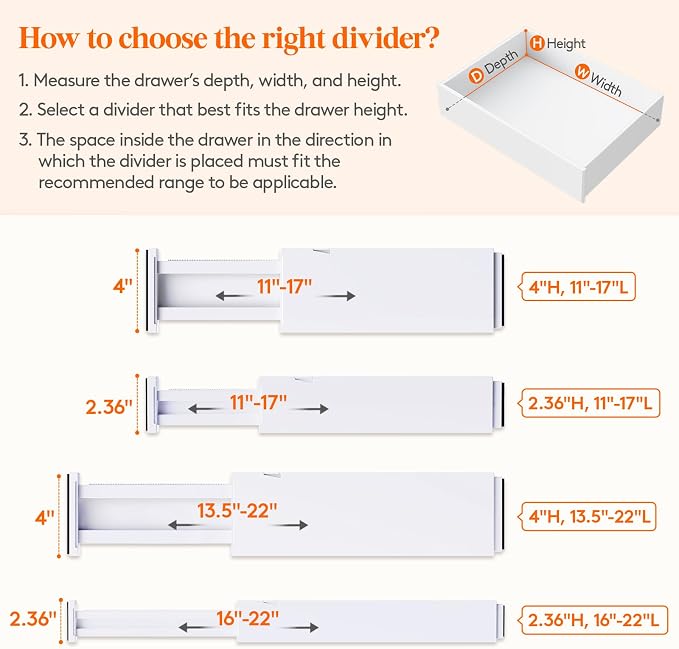 Lifewit 5 Pack 4" High Drawer Dividers 34-56cm/13.5-22" Adjustable Drawer Organizer for Clothes/Utensils, Expandable Drawer Separator in Dresser/Kitchen/Bedroom/Office Organization & Storage White