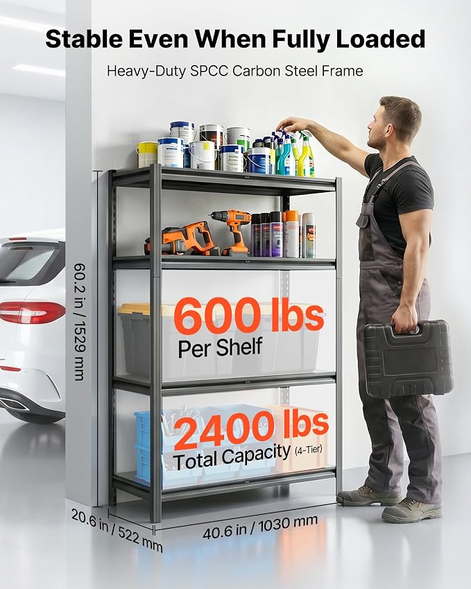 VEVOR Storage Shelves, 4-Tier Adjustable, 2400 lbs Capacity, Heavy Duty Garage Storage Shelving Unit, Metal Utility Rack Shelf, for Garage Workshop Warehouse Basement, 40.55" W x 20.55" D x 60.2" H