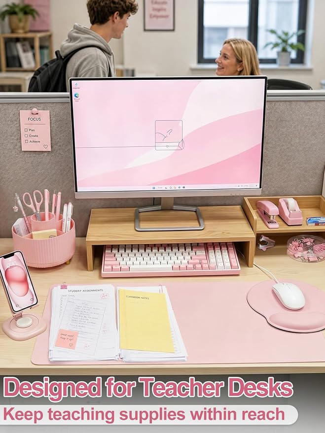 76Pcs Pink Desk Accessories Set, Office School Supplies for Women Girls | Cute 360° Rotating Pen Holder for Desk/Mat/Wrist Rest Mouse Pad/Phone Stand and More, for College Teacher Back to School