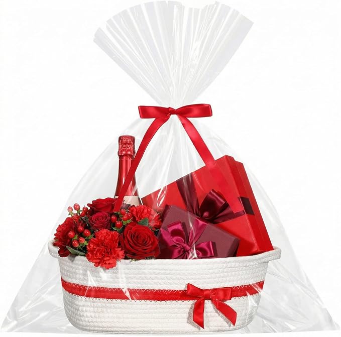 Colingmill 1 Set Woven Empty Basket for Gift,White Red | with Cellophane Wrap Set, 14 x 10 x 5.5 Inch, Medium Decorative Gift Basket, Cotton Rope Storage Box, Home Decor