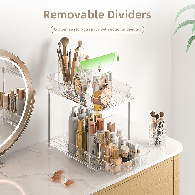Sevenblue 2-Pack 2-Tier Under Sink Organizer with Pull Out Drawers | Multi-use kitchen & bathroom storage. Includes hanging hooks and cups. transparent, space-saving cabinet design. 12.8 Inch