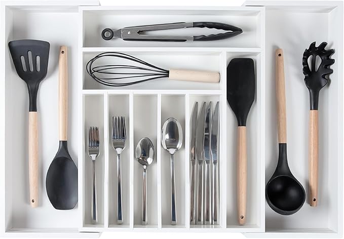 KitchenEdge Silverware & Utensil Drawer Organizer, 14.5-25 in, White Bamboo | Cutlery, flatware, food-safe contract grade, kitchen drawer fit