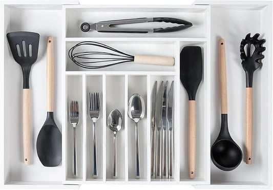 KitchenEdge Silverware & Utensil Drawer Organizer, 14.5-25 in, White Bamboo | Cutlery, flatware, food-safe contract grade, kitchen drawer fit