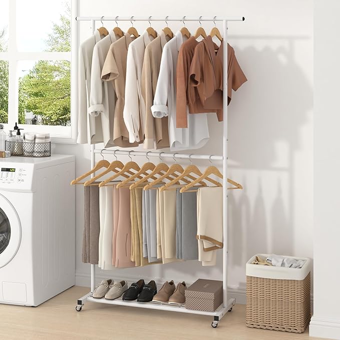 Sywhitta Double Rod Metal Clothing Rack on Wheels with Bottom Mesh,White | Rolling Garment Organizer, for Hanging Clothes,Coats,Easy to Assemble,Space-Saving,Mobile Organizer for Closet