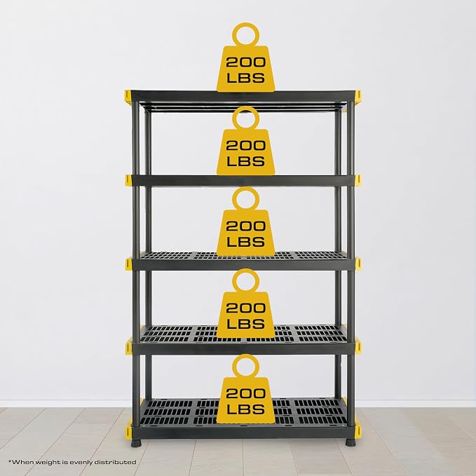 CX 5-Tier Heavy Duty Plastic Storage Shelves for Garage Organization | Freestanding garage utility rack with easy assembly, 5 shelves at 200lbs/Shelf, 72H x 48W x 20D, Black & Yellow, Made in USA