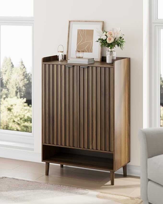 Smart FENDEE Large 6-Tier Shoe Storage Cabinet with Fluted 2 Doors, 44" Tall Freestanding Entryway Shoe Cabinet with Adjustable Shelves,(Walnut