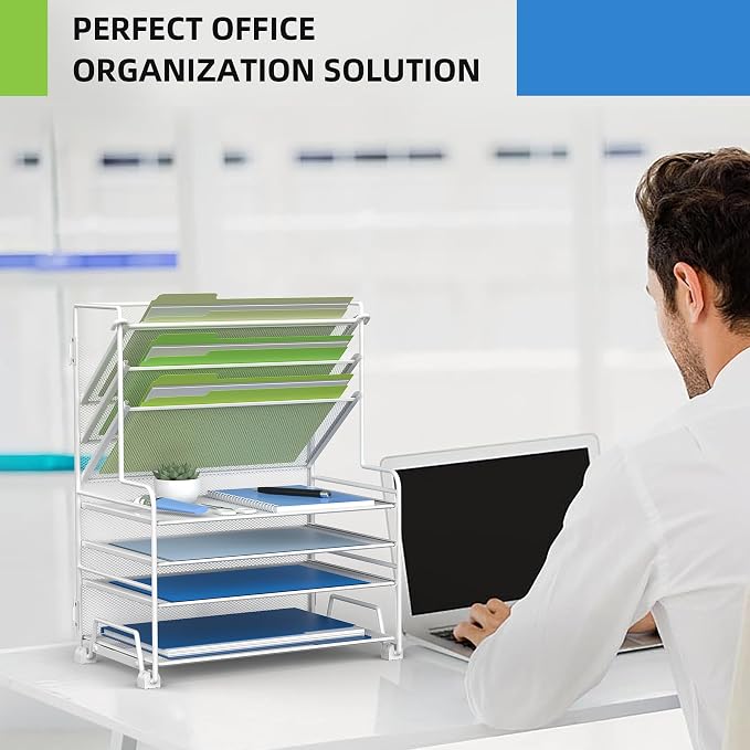 MINDEPOT 4-Tier Paper Organizer + 3-Pocket File Holder + Drawer + Pen Holders, Desktop File Organizers Paper Tray for Office Supplies School Classroom Organization (White, no Drawer & Pen Holder)
