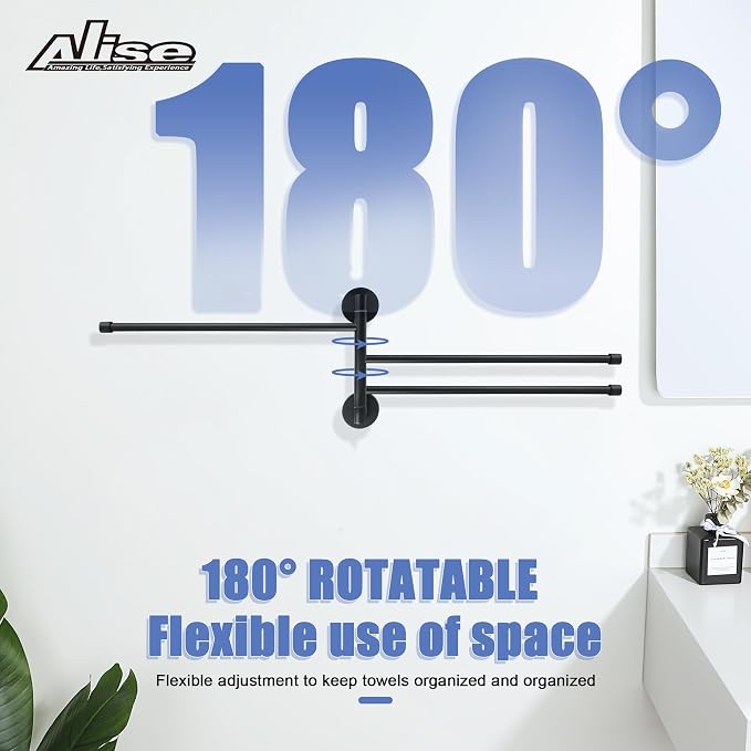 Alise 3 Arm Swivel Towel Rack, Matte Black Swivel Out Towel Bar, 13.9 Inch | Space Saving Swing Arm Towel Rack for Bathroom Kitchen Outdoor, 180° Rotating, SUS304 Stainless Steel