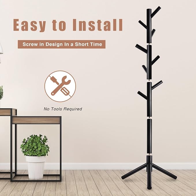 8-Hook Freestanding Coat Rack 3 Adjustable Heights Sturdy Black | Easy Tool-Free Setup,Ideal for Entryway Bedroom Hallway Office,Holds Clothes Hats Handbags,Space-Saving Vertical Design