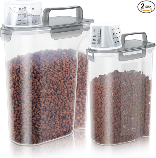 LEAWALK (3+5LBS 2Pack Cat Dog Food Storage Container Upgraded Large Nozzle BPA-free, Plastic Pet Food Containers, With 4 Sealed Clasps/1 Measuring Cup/Handle Easy Clean and Carry (Clear Grey)