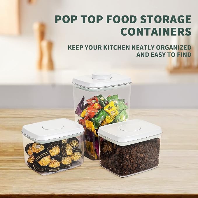 Pop Top Airtight Food Storage Containers, 3 Pack, 1.3Qt x2 + 2.9Qt | Clear Stackable Pantry Jars with One-Touch Lids, Measurement Marks and BPA-Free AS for Cereal, Sugar, Nuts and Dry Goods
