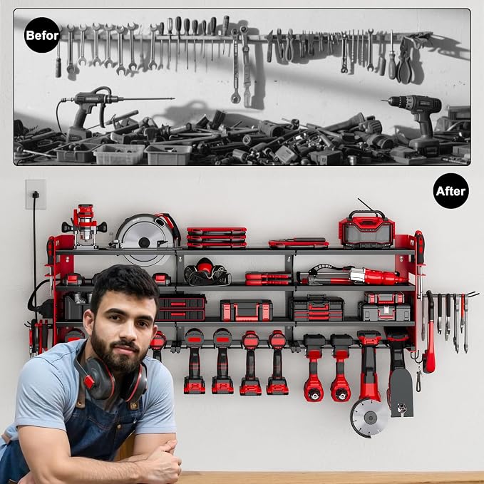 Power Tool Organizer Wall Mount, 12-Drill 4-Tier Charging Station, Red | Heavy-duty 4-Tier Metal Rack Stores 12 Drills; Side Pegboards and Screwdriver Slots Add Storage, Plus a 4-Outlet Power Strip