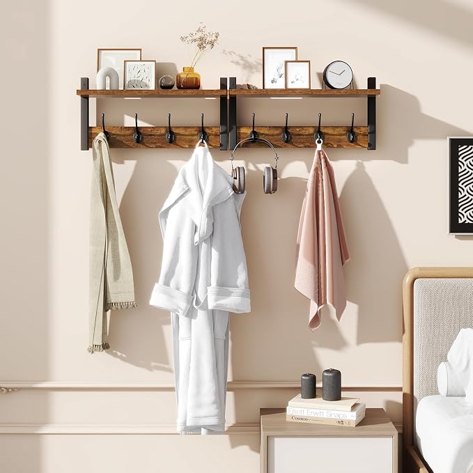 YMYNY Coat Rack Wall Mount with Shelf and Hooks, Rustic Brown UHWS001H-2 | 2 Pack Wooden Wall Mounted Coat Hanger with Shelf and 8 Double Hooks, Wall Coat Rack for Entryway Hallway Bedroom Bathroom
