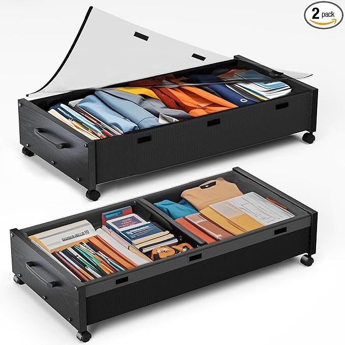 KITHELP Wooden Under Bed Storage with Wheels, 80L Extra-large Rolling Under the Bed Storage Bins 2 Pack with Removable Lid, Upgrade Metal Under Bed Drawers for Clothes Shoes Blankets in Bedroom
