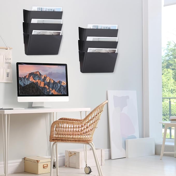 EASEPRES 6 Pack Black Plastic Single Pocket Hanging File Organizer, Wall Mount Paper Mails Magazines Holder, Mounted Folder Bins for Office School and Home, 12.99x4.13x7.48 inches