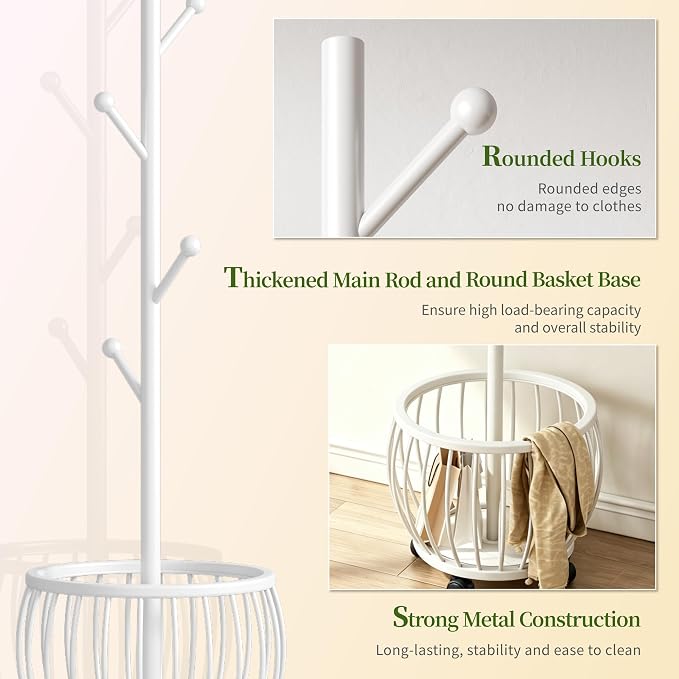 Coat Rack Freestanding Coat Stand with Basket 6 Hooks Wheels,White | Metal Coat Rack Stand Coat Tree for Home Entryway Bedroom Living Room Office Corner Modern Organizer for Scarf Jacket Hat Bag