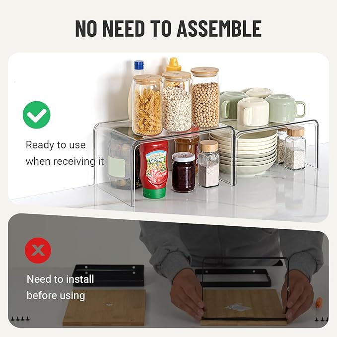 Bobomoment Clear Cabinet Organizer, Stackable Shelf Organizer Set of 2 | Kitchen Pantry Organizers and Storage, Display Cabinet Shelf Countertop Desk Shelves, Patented Spice Organization