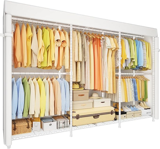E14C Max Heavy Duty Closet Organizer System，Freestanding Clothing Racks for Hanging Clothes，Adjustable Garment Rack 86" W × 16" D × 77" H Hold 1060 lbs，White Rack with White Cover