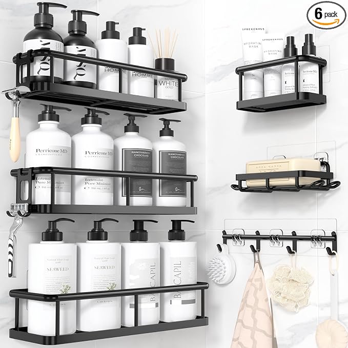 YASONIC Shower Caddy Adhesive, Rustproof Shower Organizer with Soap Holder, Large Capacity Shower Shelves for Inside Shower, No Drilling Bathroom Organizers and Storage for Home Decor 6 Pack Black