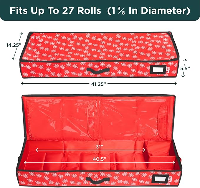 HOLDN’ STORAGE Premium Wrapping Paper Storage Container, Red w/Snowflakes | Durable 600D Tear-Proof, Fits 27 Rolls Gift Wrap, Extra Pockets for Ribbons & Bows, Underbed Storage