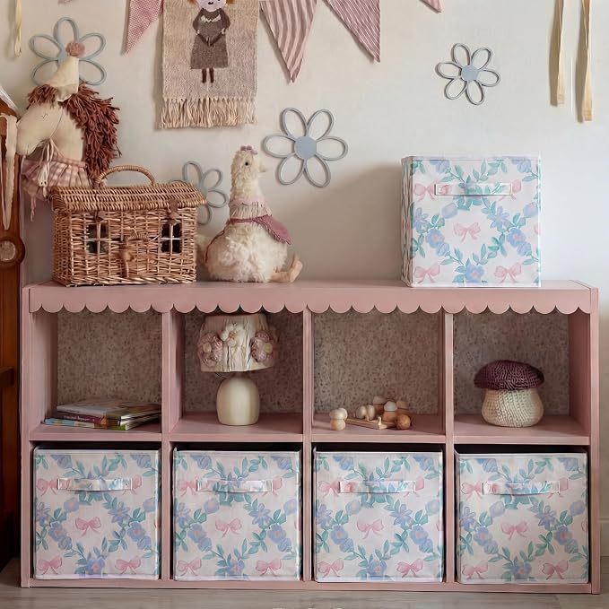 6 Pcs Blue Floral Bow Cube Storage Bins 11 Inch Blue Flower Storage Basket with Handle, Preppy Girls Organizer Basket, Collapsible Fabric Box for Classroom Bedrooms Office Home Decoration Gift