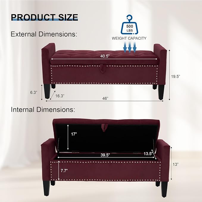 Storage Ottoman Bench, Velvet Upholstered Footstool for Bedroom and Living Room, Frosted Flannel Seat with Storage, Wooden Legs & Metal Rivets, Purple