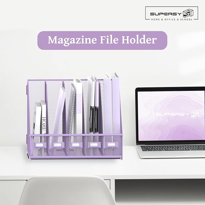 SUPEASY Desk Organizers Metal Desk Magazine File Holder with 5 Vertical Compartments Rack File Organizer for Office Desktop, Classroom, Home Workspace, Purple