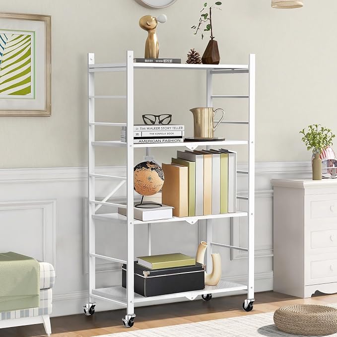 Himix Storage Shelves with 20 Hooks, 4-Tier Foldable Shelves for Storage, Folding Shelf Unit Pantry Shelves with Wheels, Metal Shelving Storage Rack Shelf for Kitchen Garage Home, White - No Assembly | Metal collapsible organization, Folding shelves ra...