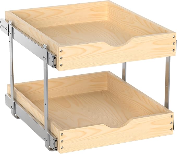 21" Deep 2-Tier Pull Out Cabinet Organizer - Wood Pull Out Drawers | Slide Out Shelves, Full-Extension, Ball-Bearing Slides, 3 Adjustable Heights (2-Tier, 20''W X 21''D Overall)