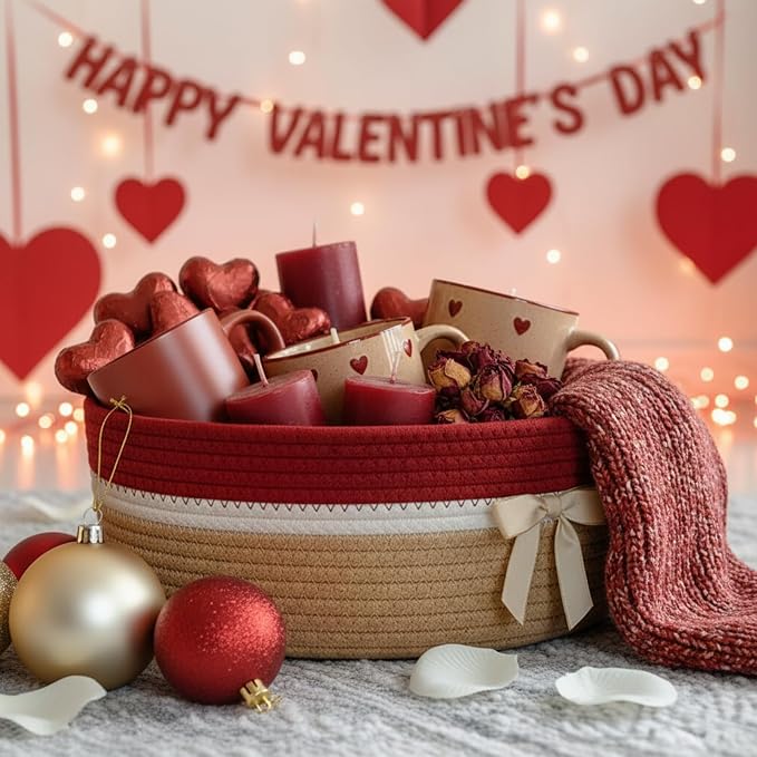 Colingmill 1 Set Woven Empty Basket for Gift,Brick Red Khaki | with Cellophane Wrap Set, 14 x 10 x 5.5 Inch, Medium Decorative Gift Basket, Cotton Rope Storage Box, Home Decor
