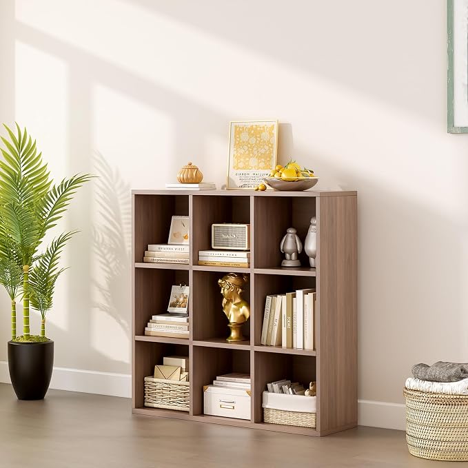 OSCHF 9-Cube Storage Shelf Bookcase, Walnut | Wooden 3-Tier Open Bookshelf, Fits 11×11" Bins, Vertical or Horizontal Use, Full Back Panels, For Home Office