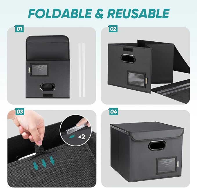 BALEINE File Organizer Box with Lid, Collapsible File Folder Organizer with Plastic Slide, Hanging File Folder Box for Office Document Storage (2 Pack, PU, Black)