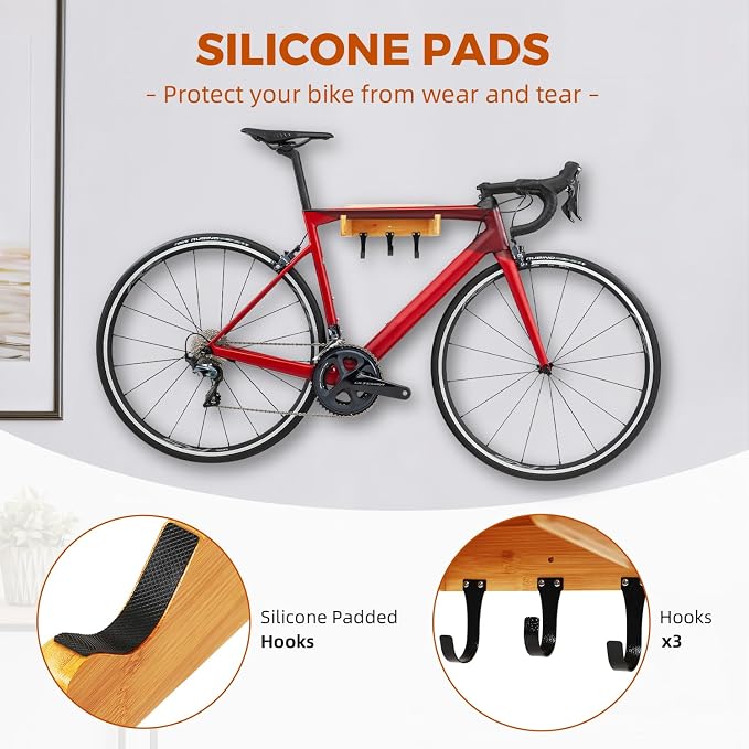Bike Wall Mount - Indoor Bicycle Rack | Bamboo Bike Rack Storage with Detachable Hangers, Easy to Assemble
