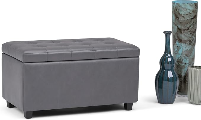 SIMPLIHOME Cosmopolitan 34" Wide Vegan Leather Storage Ottoman in Brown | Stone grey, transitional storage ottoman with tufting and lift-up lid; rectangle storage bench for living room or entryway.