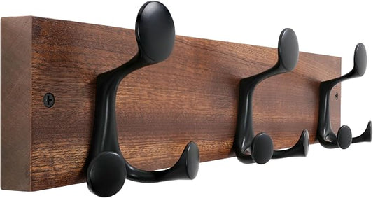 WEBI Coat Rack Wall Mount,17" Solid Wood Coat Hooks Wall Mounted Coat Hanger,16" Hole to Hole,Heavy Duty 3 Triple Hooks for Hanging Coats,Jacket,Hat,Backpack,Farmhouse,Reddish Brown