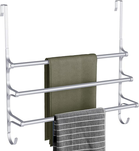 CANYAVE Over The Door Towel Rack, Over Door Towel Rack for Bathroom Door, Triple Towel Storage Holder with Hooks (Silver Gray, 20.15" L)