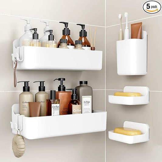 Orimade Shower Caddy 5-Pack, No-Drill Adhesive Shelves for Bathroom, Rustproof ABS Storage Organizer Set, White