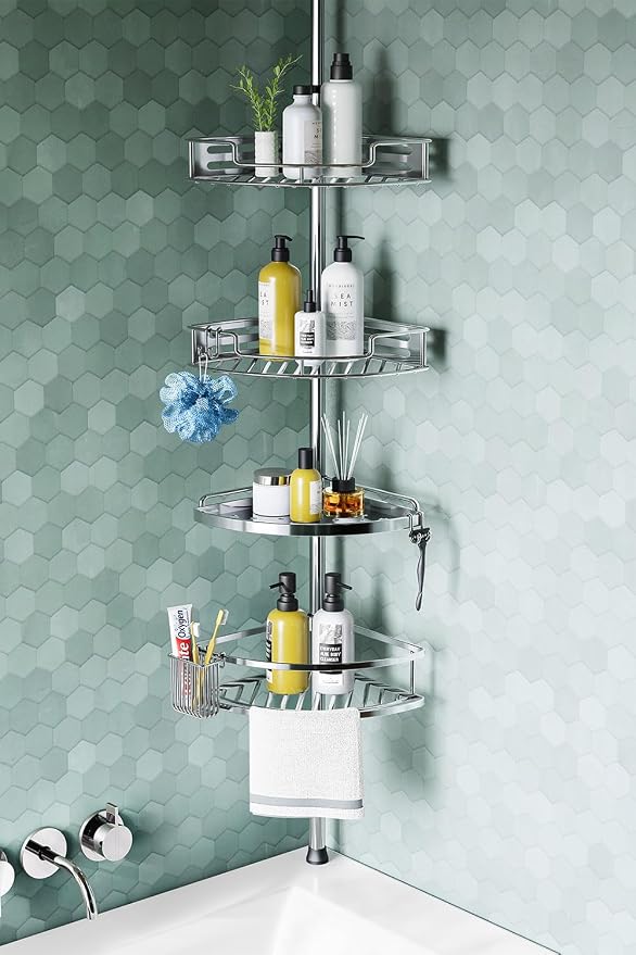 HAMITOR Corner Shower Caddy Tension Pole: Quick Installation 4-Tier Rustproof Bathroom Organizer Shelves for Bathtub Shampoo Storage - 47-121 inch Adjustable Floor Standing Bath Rack Holder - Silver | No-Drill Setup, Adjustable Height Tension Pole, Rus...