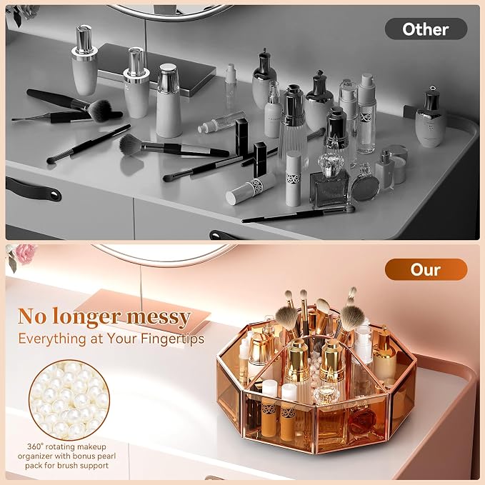 CoralHouse Rotating Glass Makeup Organizer for Vanity with Brush Holder | 5 clear compartments organize lipstick, perfume, palettes and skincare on a vanity, bathroom countertop or beauty station