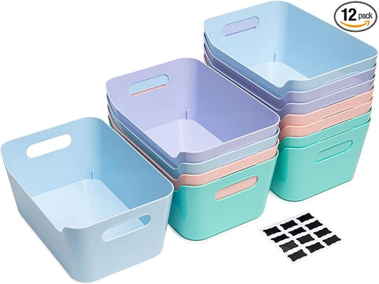 Tiawudi 12 Pack 4.5L Storage Bins, Plastic Storage Baskets for Home Classroom Organization, Multi-Use Organizer Bins for Cabinet, Pantry, Drawer, Closet, Countertop or Shelves, Colorful Containers