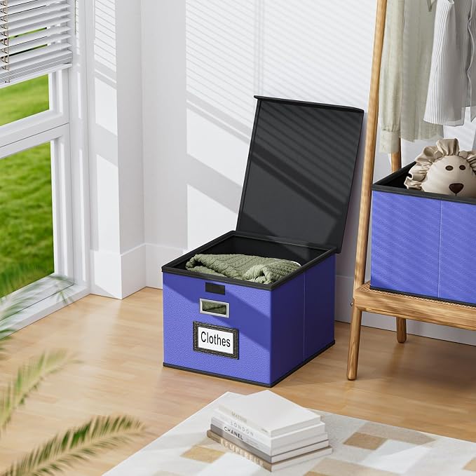 File Organizer Box with Lids, Collapsible File Folder Organizer | File Box with Plastic Slides for Document, Filing Bin for Letter Size Hanging File Folders (1 Pack, Navy Blue, Leather)