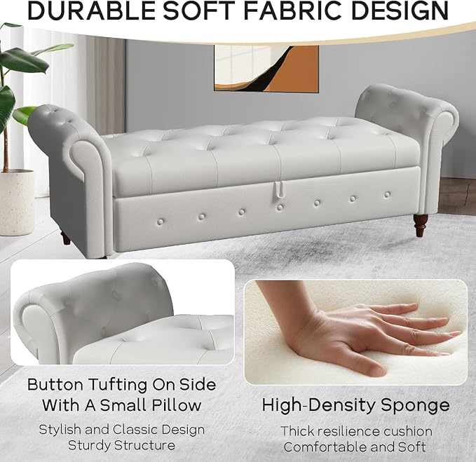 NIOIIKIT 63'' Storage Ottoman Bench, Tufted Entryway Bench Beige Polyester | Button Tufted End of Bed, Large Storage Space, Rolled Armed Ottoman Couch Long Bench for Bedroom, Living Room, Hallway