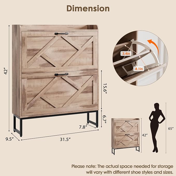 Nicetree Shoe Cabinet with 2 Flip Drawers，Freestanding Shoe Storage Cabinet, Narrow Shoe Organizer Cabinet, Farmhouse Slim Shoe Rack Cabinet for Entryway,Toasted Oak