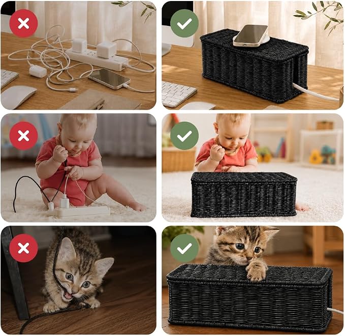 Cable Management Box, Handmade Rattan Cable Organizer with 2 Open Slots, Cord Hider for Power Strip, Router & USB Hub, Registered U.S. Design Patent (D1,112,102), 13" x 5.1" x 5.1", Black