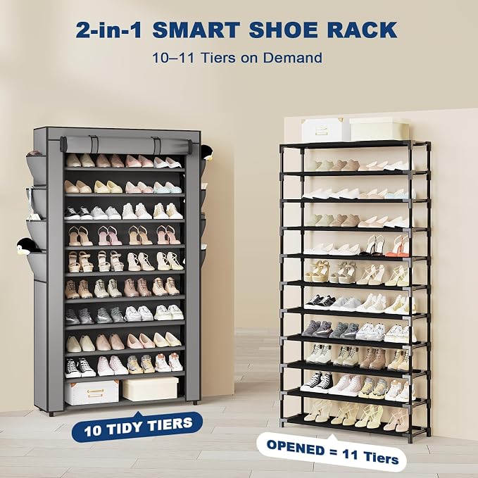 Mavivegue Shoe Rack with Cover, 10+1 Tier Tall Shoe Storage for 50-55 Pairs of Shoes, Shoe Organizer for Entryway, Closet, Garage, Grey