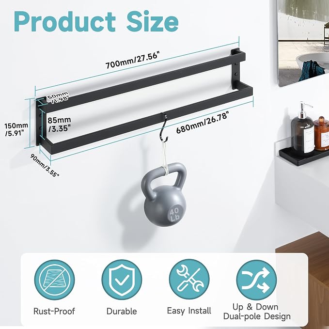 Alise Double Towel Bar, 28" Double Towel Racks for Bathroom, Matte Black | Bathroom Towel Rack Wall Mounted, 3.54" Wide Faster Drying, Ladder Design, SUS304 Stainless Steel