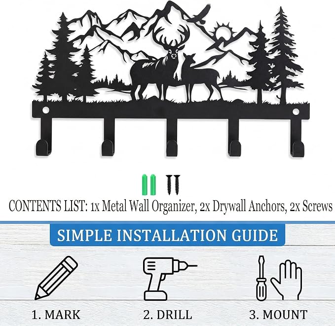Deer Mountain Metal Key Holder Wall Mount Key Holder for Wall Rustic Cabin Decor Key Rack Hooks Hanger Woodland Wildlife Wall Art Entryway Organizer Housewarming Hunting Gifts