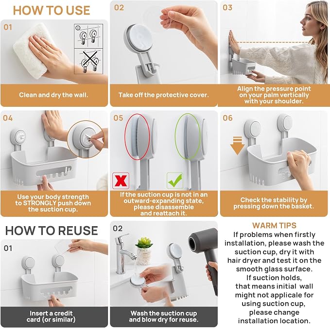 LEVERLOC Shower Caddy Suction Cup Set Shower Organizer & Soap Holder, Grey | Toothbrush Holder, Bathroom Shelf Basket NO-Drilling, Removable Suction Storage, Waterproof Bathroom Caddy