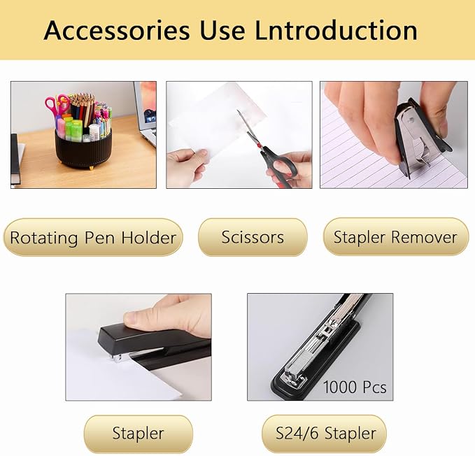 Office Supplies,Black Desk Accessories,Office Supplies Set,Desk Organizer,Stapler,Tape Dispenser,Scissors,Staple Remover,Binder Clips,Staples,Ballpoint Pen,Index Tabs with Ruler,Clear Tape.10pcs