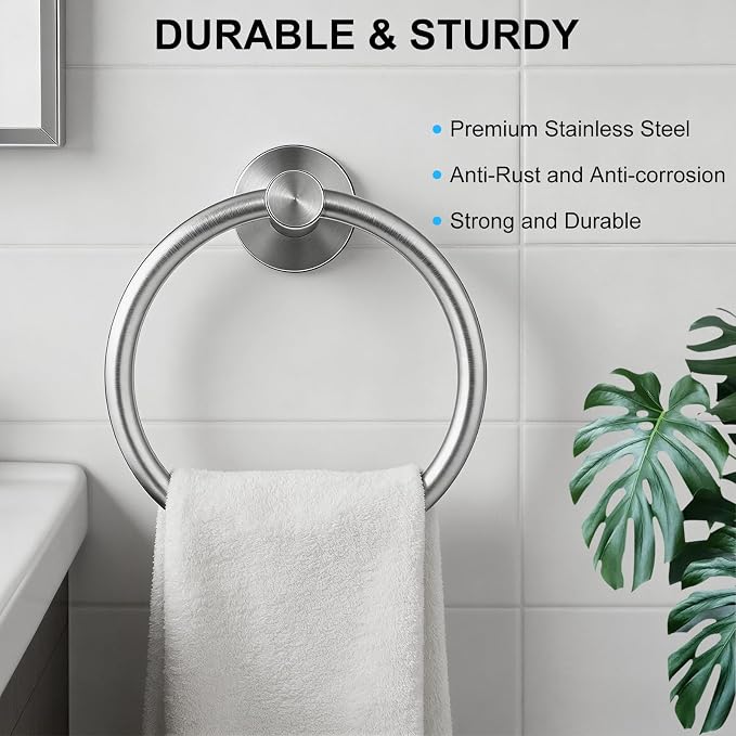 SetSail Towel Holder for Bathroom Wall Silver Towel Ring Stainless Steel Hand Towel Holder Heavy Duty Towel Hanger for Bath, Kitchen Drill Hole, 2 Pack